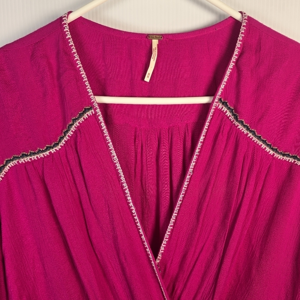 FREE PEOPLE Women's Delilah Embroidered Wrap Mini Dress In Hot Pink Boho Size M - Picture 7 of 16